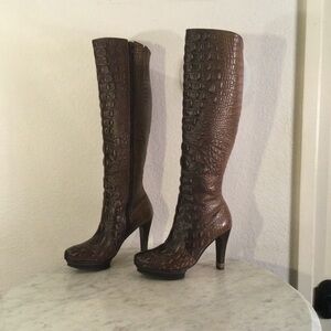 MAX AZRIA Brown Crocodile Pattern Knee-High Boots